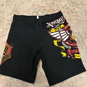 Affliction Black Athletic Shorts with Red and Yellow Graphic